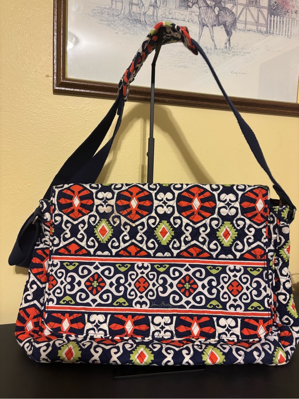 Vera Bradley Navy Quilted Messenger Bag with Red and Lime Accents
